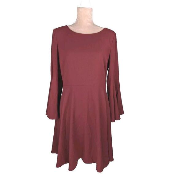 Halston Midi Fit and Flare Dress 8 Red Burgundy Trumpet Bell Sleeve Witchy Goth - Picture 1 of 13